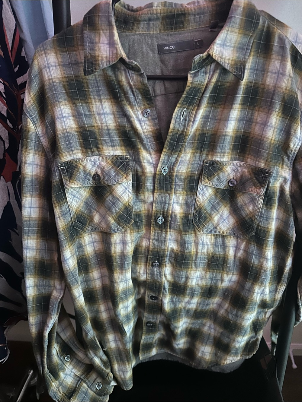 Vince Olive and Yellow Plaid Button-Down Shirt size L